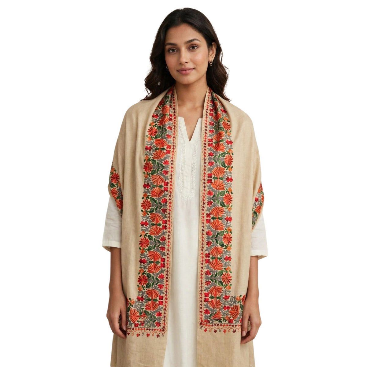 Beige Bloom - Pure Pashmina Aari Embroidered Shawl | Handmade Kashmiri Floral Border