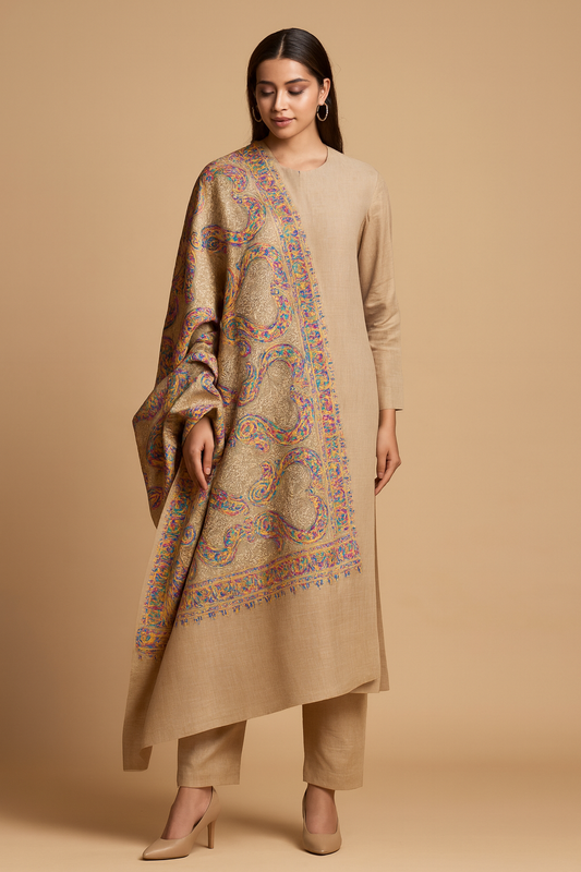 Luxury Multicolor Aari Embroidered Pashmina Shawl
