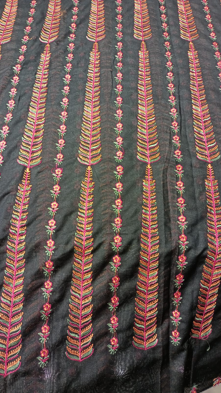 Black Karandi Embroidered Shawl Rust & Red Vertical Motif Design