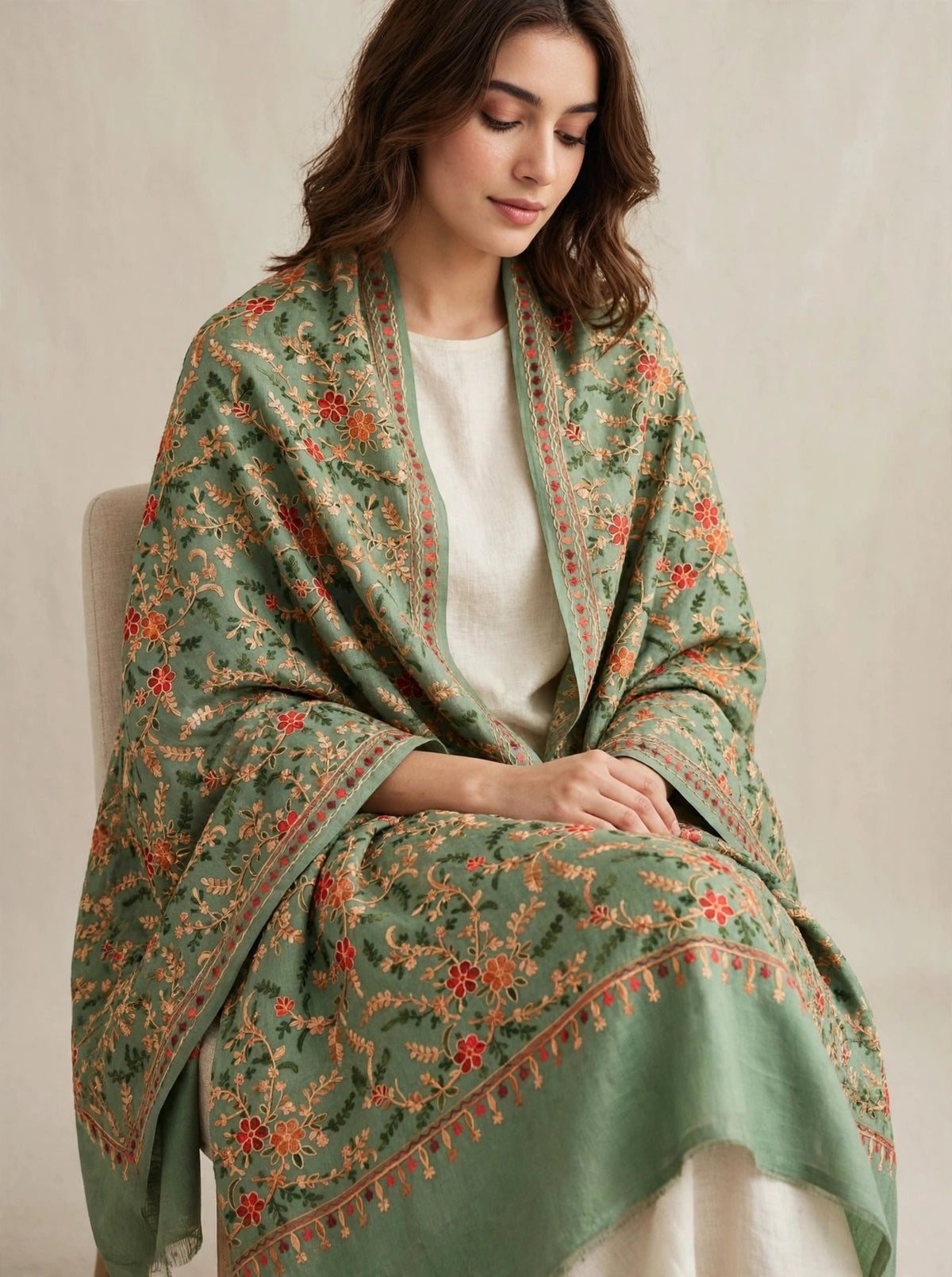 Sage Green All-Over Embroidered Pashmina Shawl - Kashmiri Aari Jaal Work