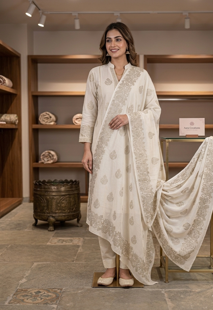 Ethereal Ivory Georgette Dupatta with Intricate Golden Floral Block Print