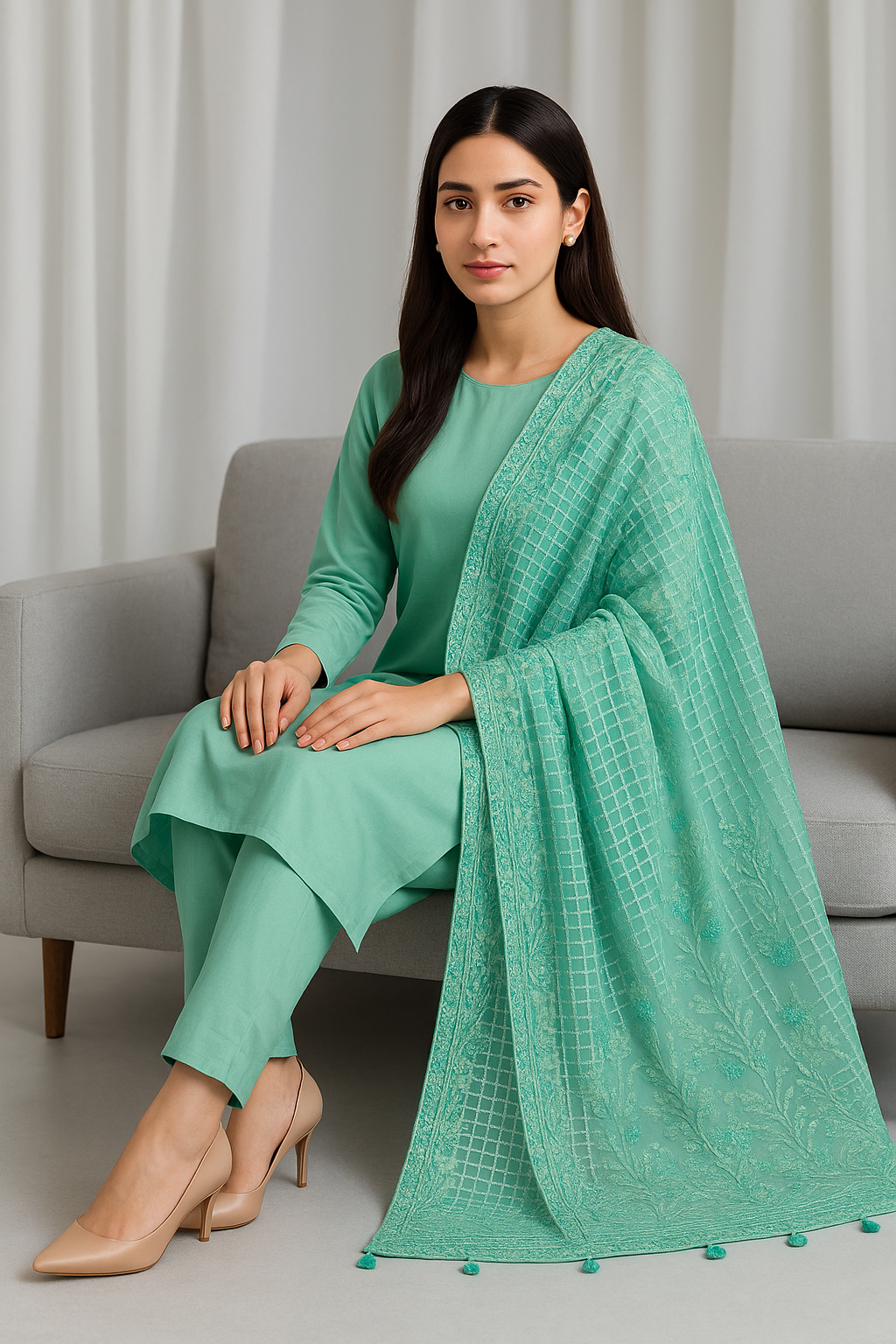 Aqua Green Lawn Embroidered Dupatta