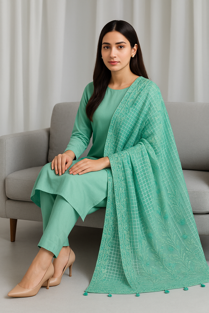 Aqua Green Lawn Embroidered Dupatta