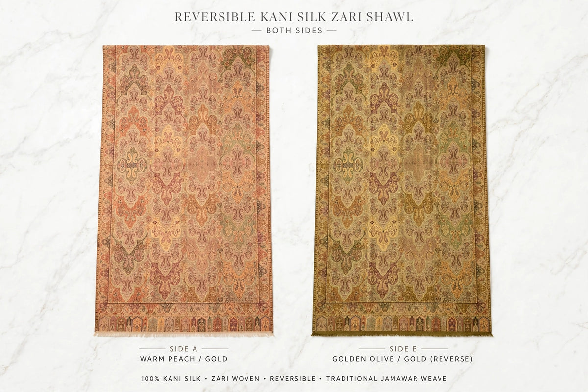 Reversible Kani Silk Zari Shawl - Beige Gold Paisley Pashmina Wrap