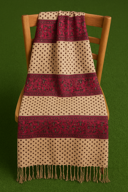Beige Polka Dot & Maroon Floral Pashmina Shawl