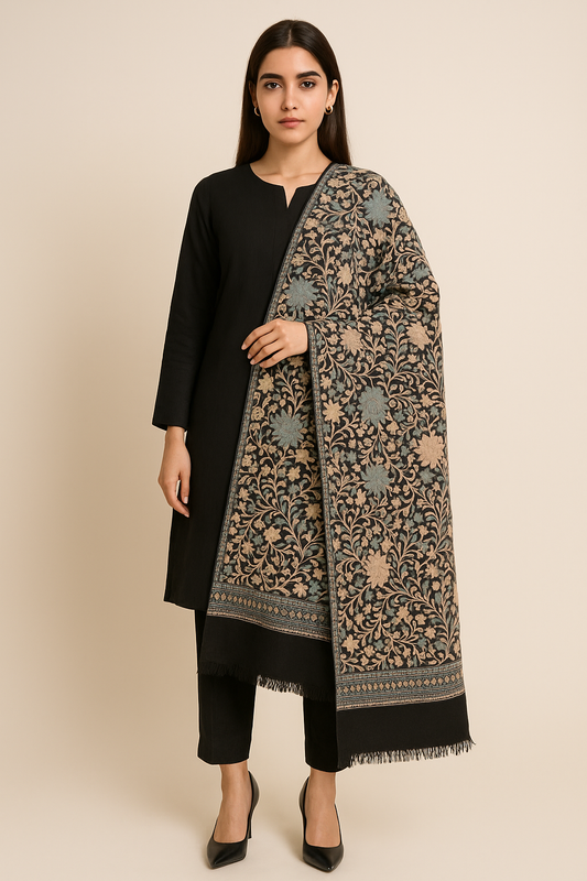 Black Pashmina Shawl with Intricate Floral Aari Embroidery