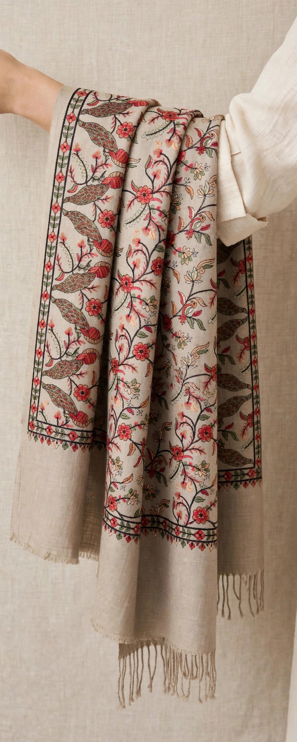 Beige Pashmina Papier Mâché Embroidered Shawl
