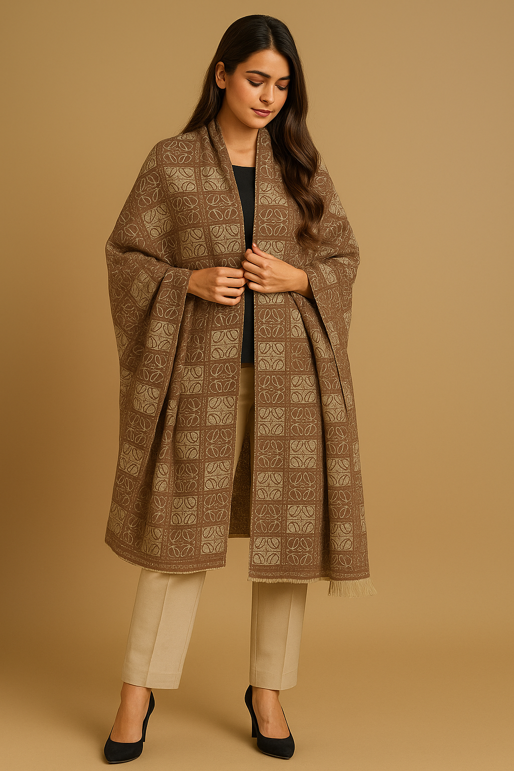 Warm Brown Wool Stoler with Geometric Pattern & Fringed Edges