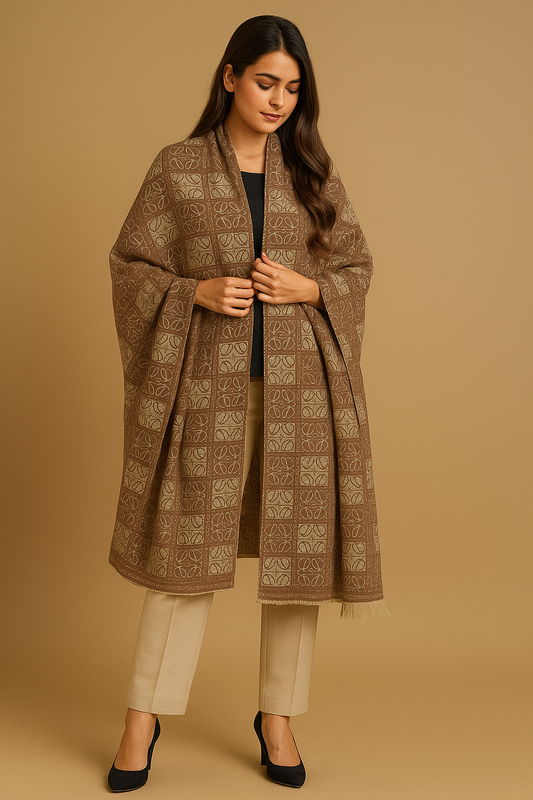 Warm Brown Wool Stoler with Geometric Pattern & Fringed Edges