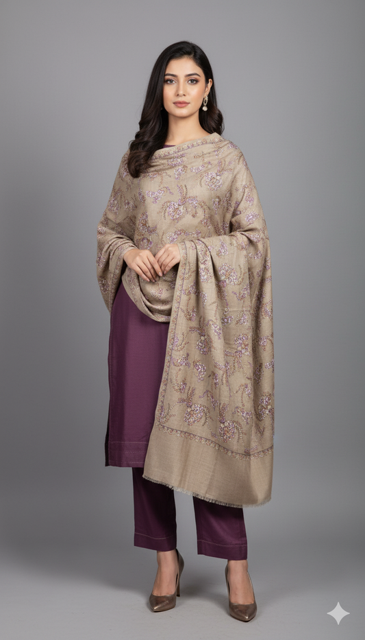 Plum and Taupe Embroidered Pashmina Shawl