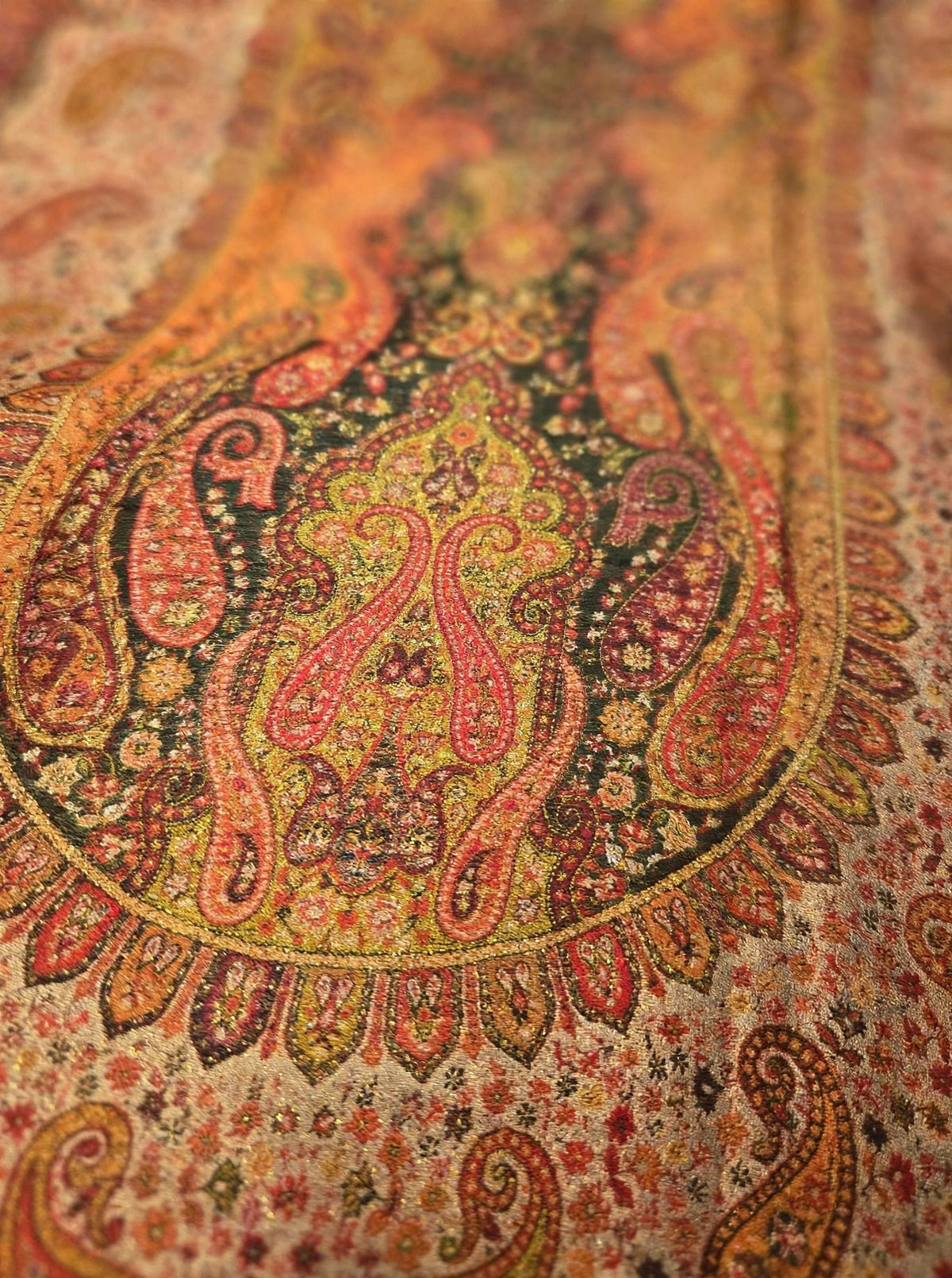 Heritage Jama Silk Zari Shawl Rust Orange & Gold Paisley Work