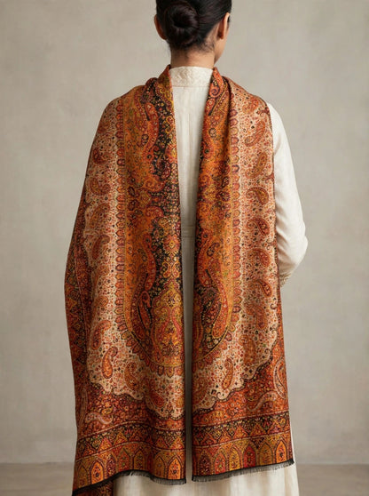 Heritage Jama Silk Zari Shawl Rust Orange & Gold Paisley Work