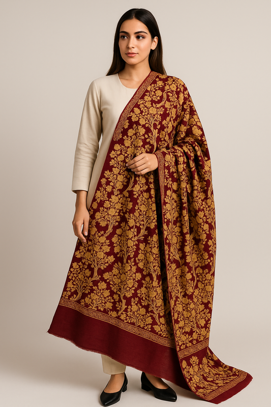 Luxury Pashmina Aar Embroidered Shawl – Maroon & Gold