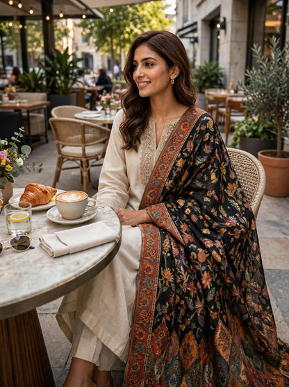 Heirloom Black Floral Kani Silk Dupatta - Pure Handwoven Kashmiri Luxury
