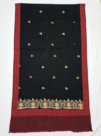 Noor-e-Chinar - Black & Maroon Gold Embroidered Pashmina Shawl Authentic Kashmiri Booti Shawl