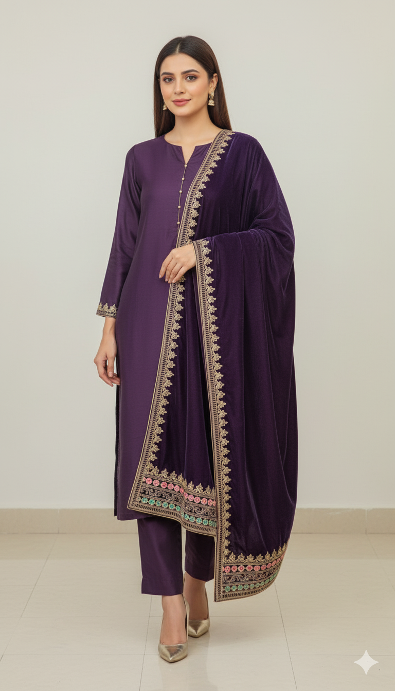 Luxury Purple Velvet Embroidered Shawl