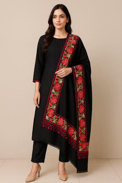 Luxury Black Pashmina Shawl with Red Aari Embroidered Floral Border