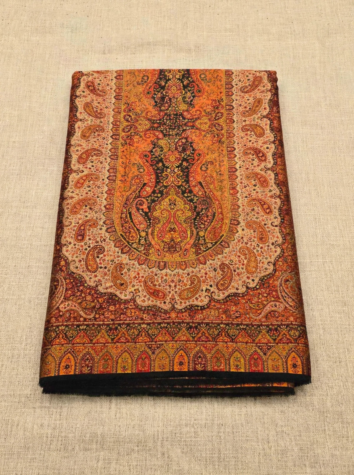 Heritage Jama Silk Zari Shawl Rust Orange & Gold Paisley Work