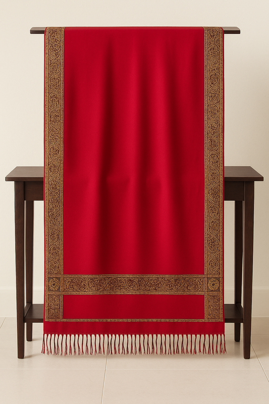 Luxury Red Pashmina Shawl with Golden Jacquard Border