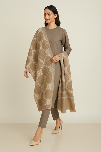 Elegant Pashmina Aari Embroidery Shawl  Beige & Cream