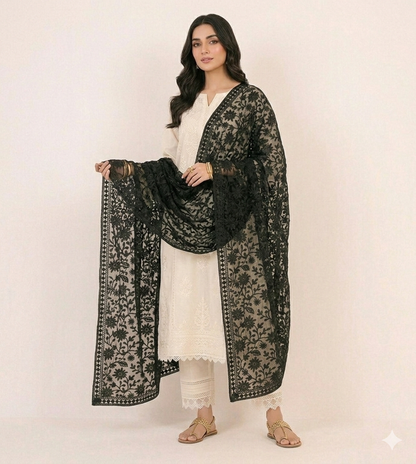 Black Embroidered Chiffon Dupatta