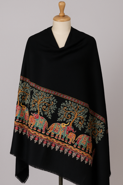 Luxury Pashmina Elephant Embroidery Shawl Black