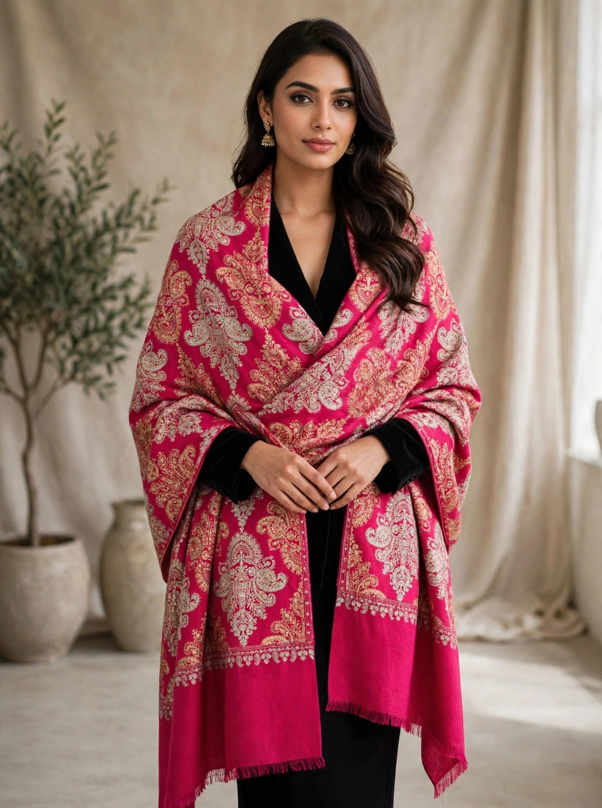 Magenta Pink with Gold & Silver Damask