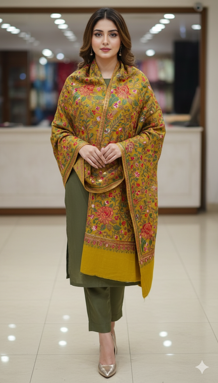 Mustard Pashmina Shawl with Aari Embroidery Floral Grandeur