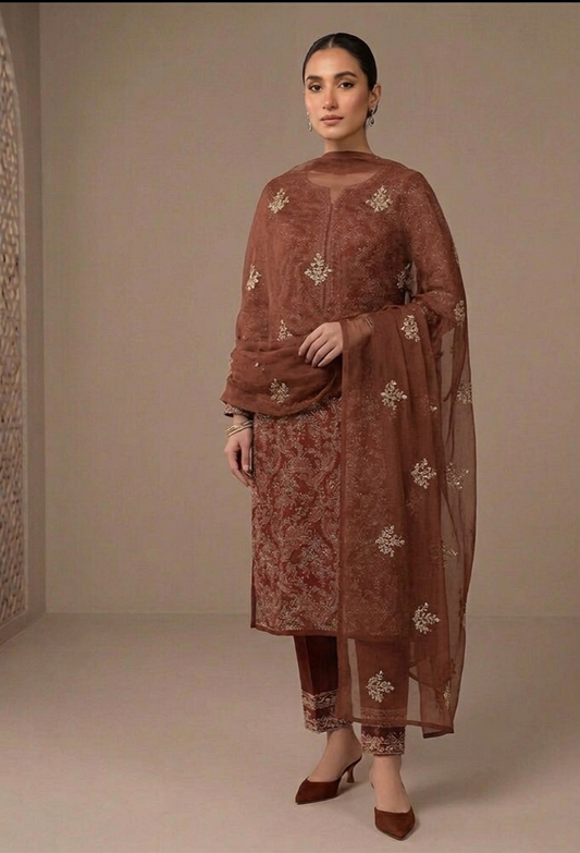 Timeless Elegance | Laser-Cut Chiffon Embroidered 3-Piece Suite - Cocoa Brown