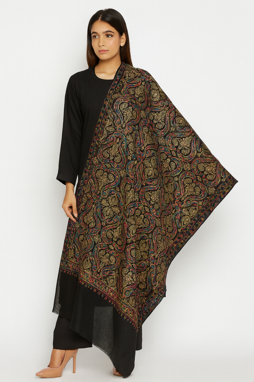 Luxury Multicolor Aari Embroidery Pashmina Shawl