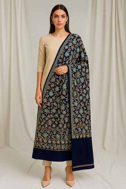 Elegant Navy Blue Pashmina Shawl with Floral Embroidery