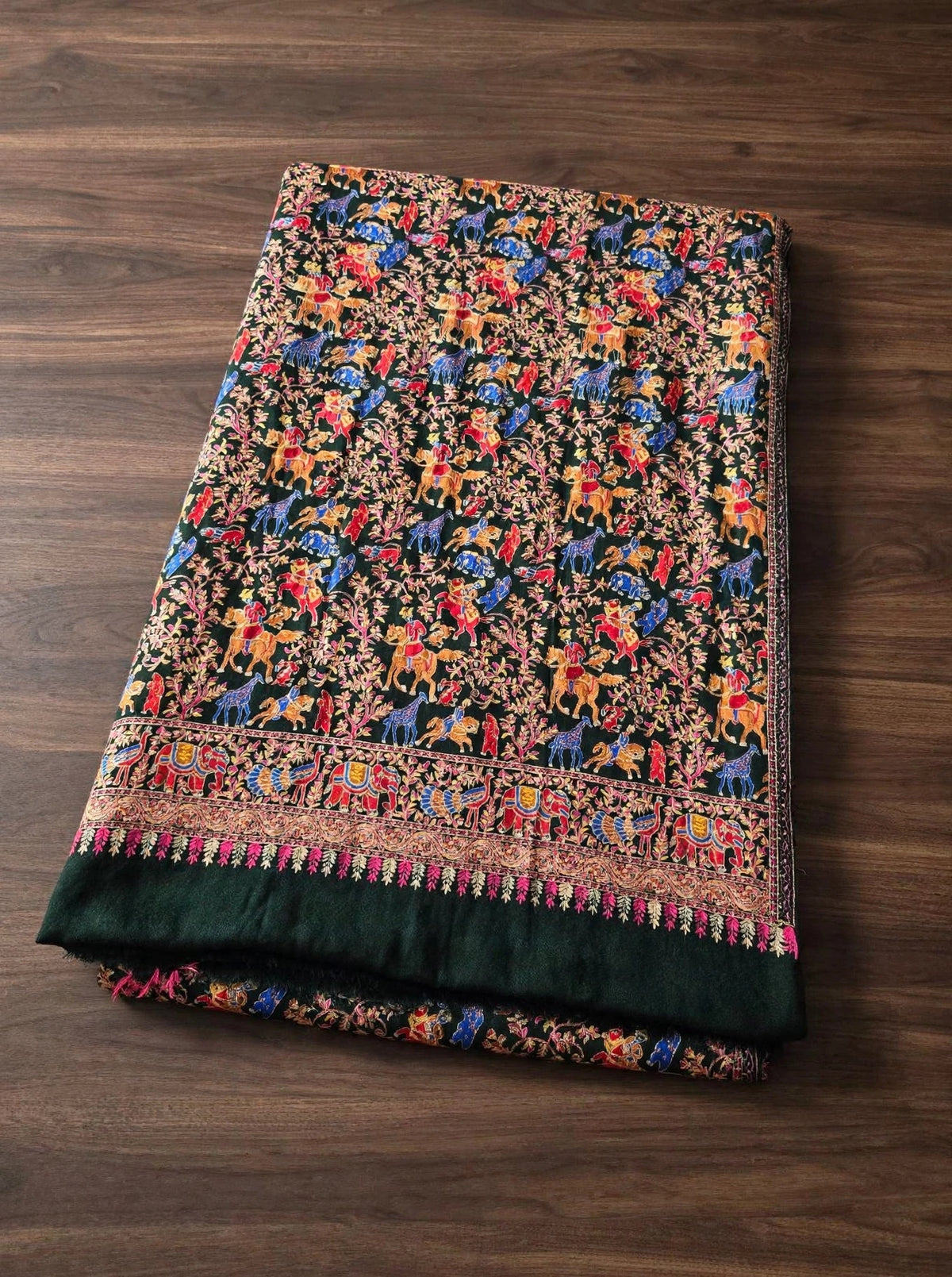 Bottle Green Shikargah Pashmina Shawl | Pure Pashmina Nalki Embroidery | Luxury Wrap