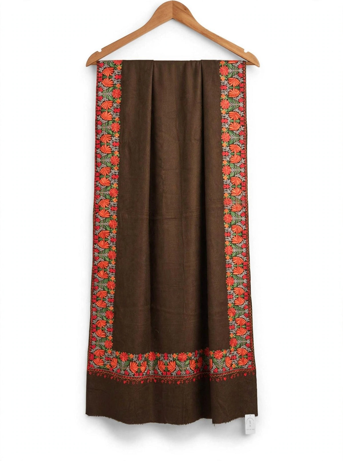 Noor - Mocha Brown Pure Pashmina Aari Embroidered Border Shawl