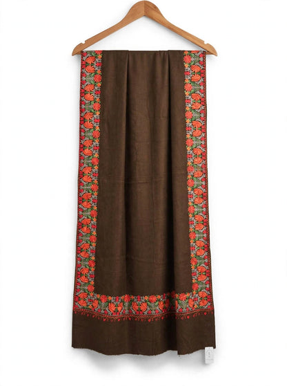 Noor - Mocha Brown Pure Pashmina Aari Embroidered Border Shawl