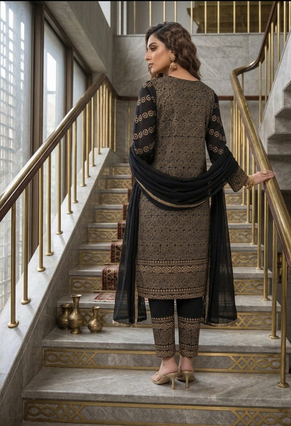 Midnight Gold Hand-Block Printed Cotton Lawn Set
