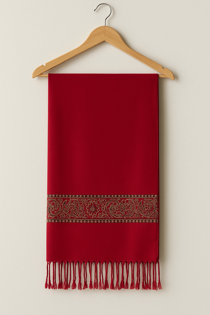 Luxury Red Pashmina Shawl with Golden Jacquard Border
