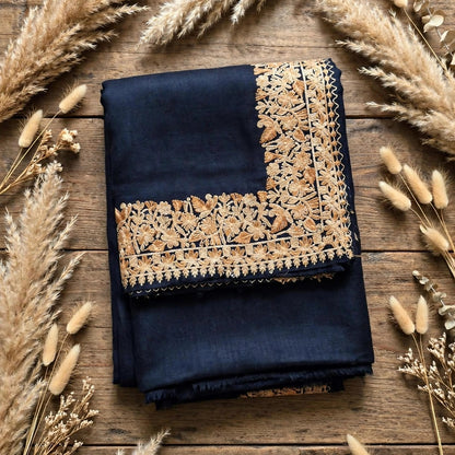 Midnight Navy Pure Pashmina Shawl with 4-Side Heavy Aari Embroidery Border - Beige Floral