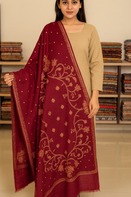 Regal Red Pashmina Shawl with Golden Embroidery