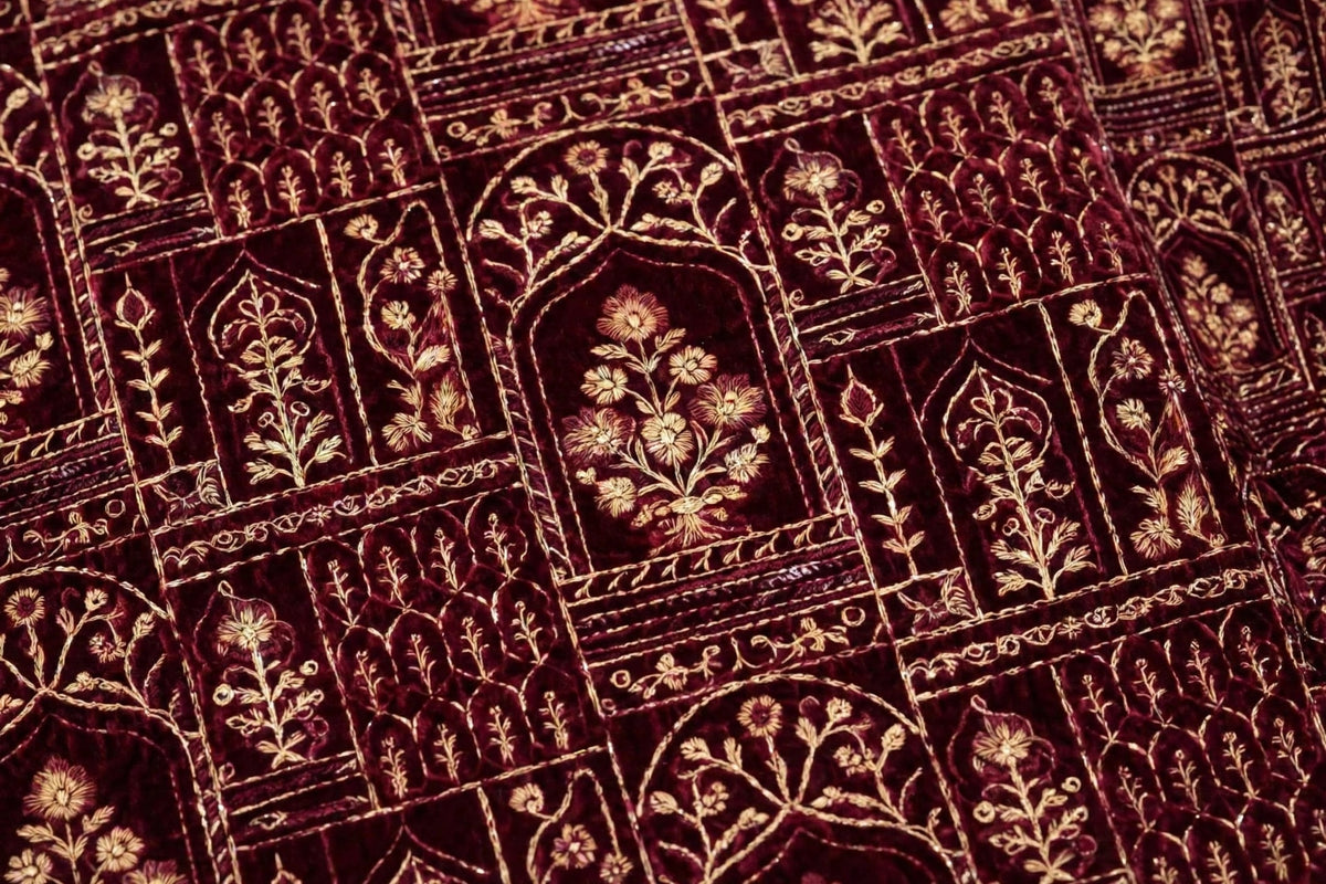 Luxurious Maroon Velvet Embroidered Shawl  Intricate Golden tilla Work Wrap