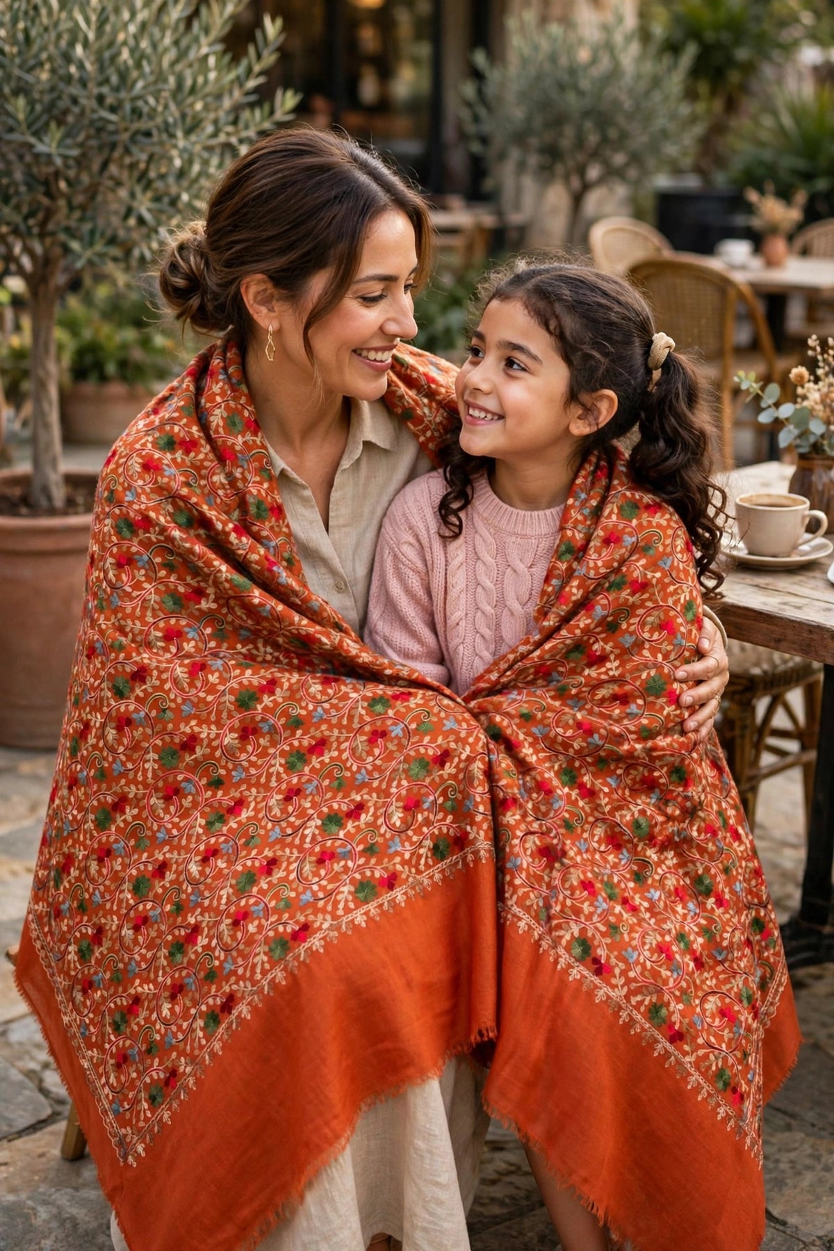 Rust Orange Pashmina Shawl with Aari Embroidery