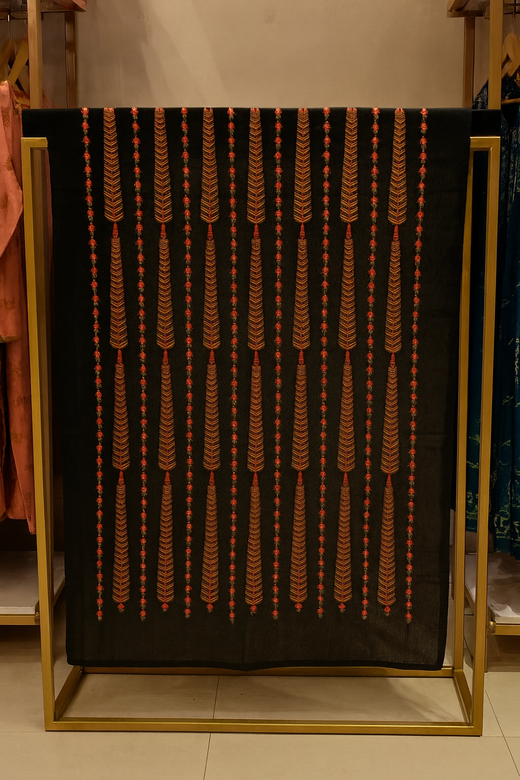 Black Karandi Embroidered Shawl Rust & Red Vertical Motif Design