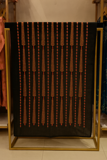 Black Karandi Embroidered Shawl Rust & Red Vertical Motif Design