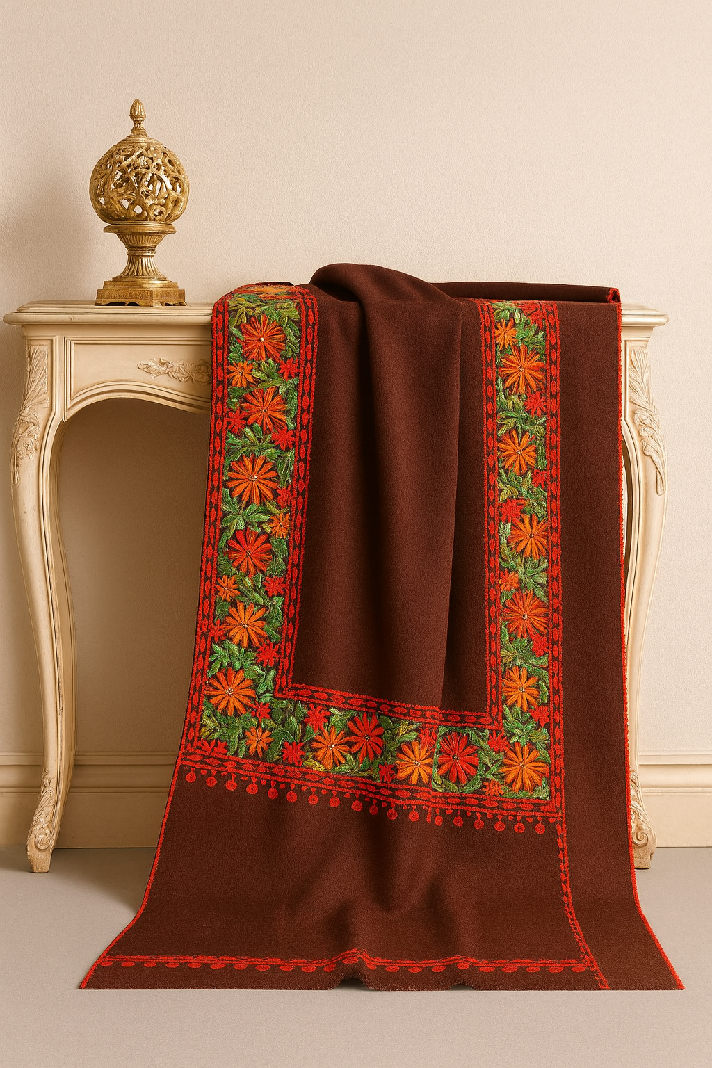 Brown Pashmina Shawl – Four-Side Floral Aari Embroidery