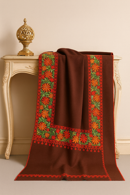 Brown Pashmina Shawl – Four-Side Floral Aari Embroidery