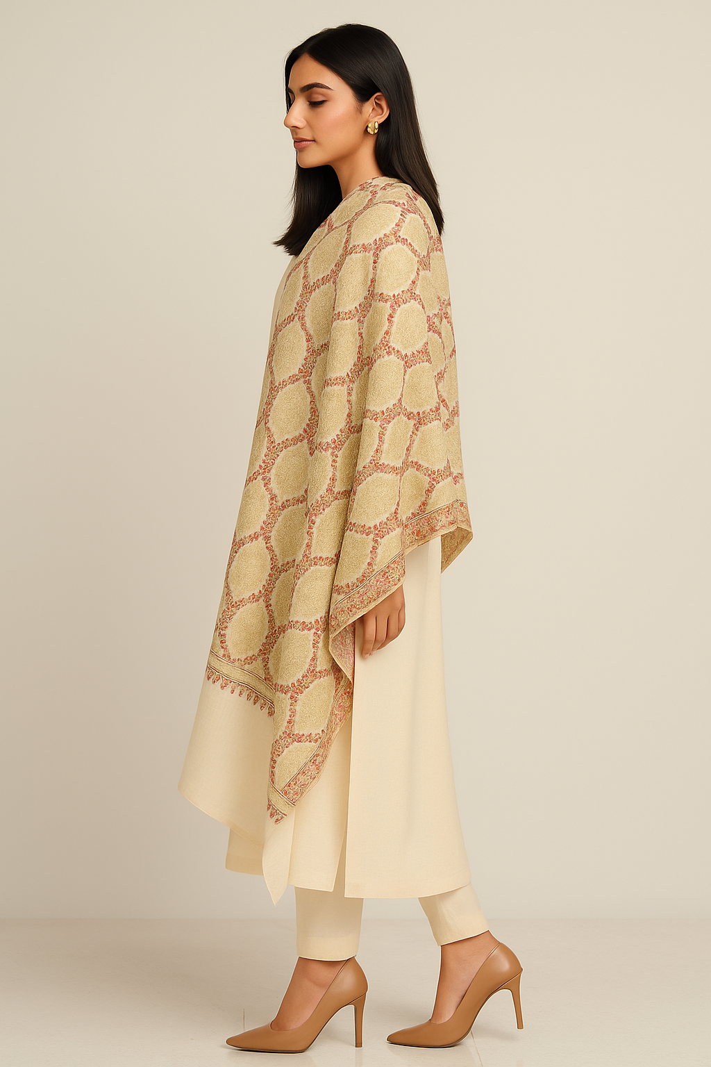 Luxury Pashmina Aari Embroidered Shawl Ivory Beige & Rose Gold Motif