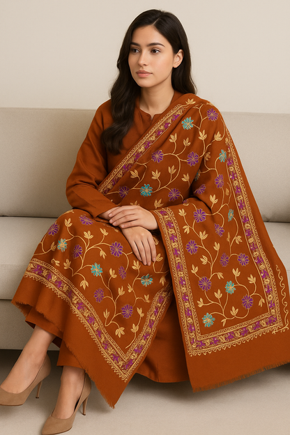 Rust Floral Embroidered Pashmina Shawl  Faiza Jamshed Exclusive
