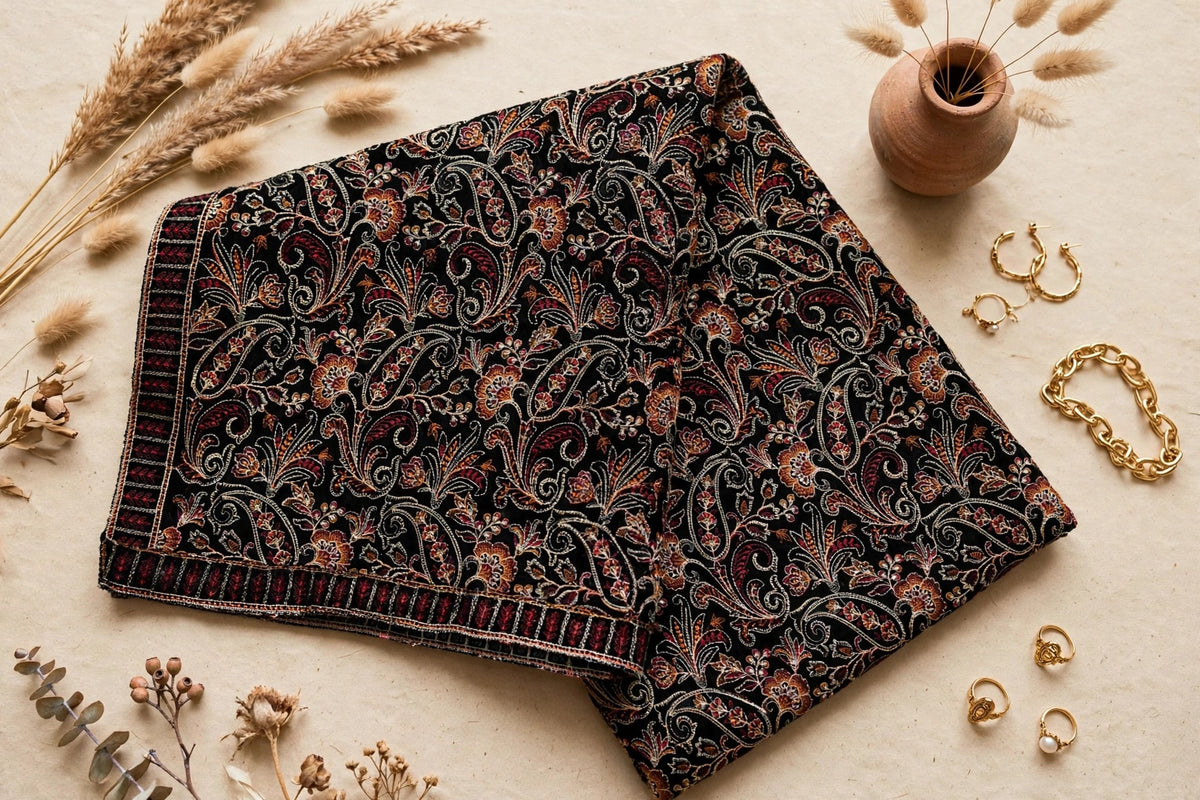 Black Luxe Embroidered Velvet Shawl Full Paisley Bareeze Work Winter Formal Shawl