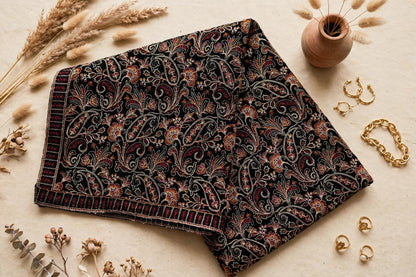 Black Luxe Embroidered Velvet Shawl Full Paisley Bareeze Work Winter Formal Shawl