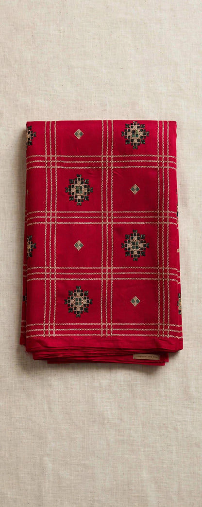 Ruby Red Embroidered Pashmina Shawl - Check Pattern with Mirror Work Motifs