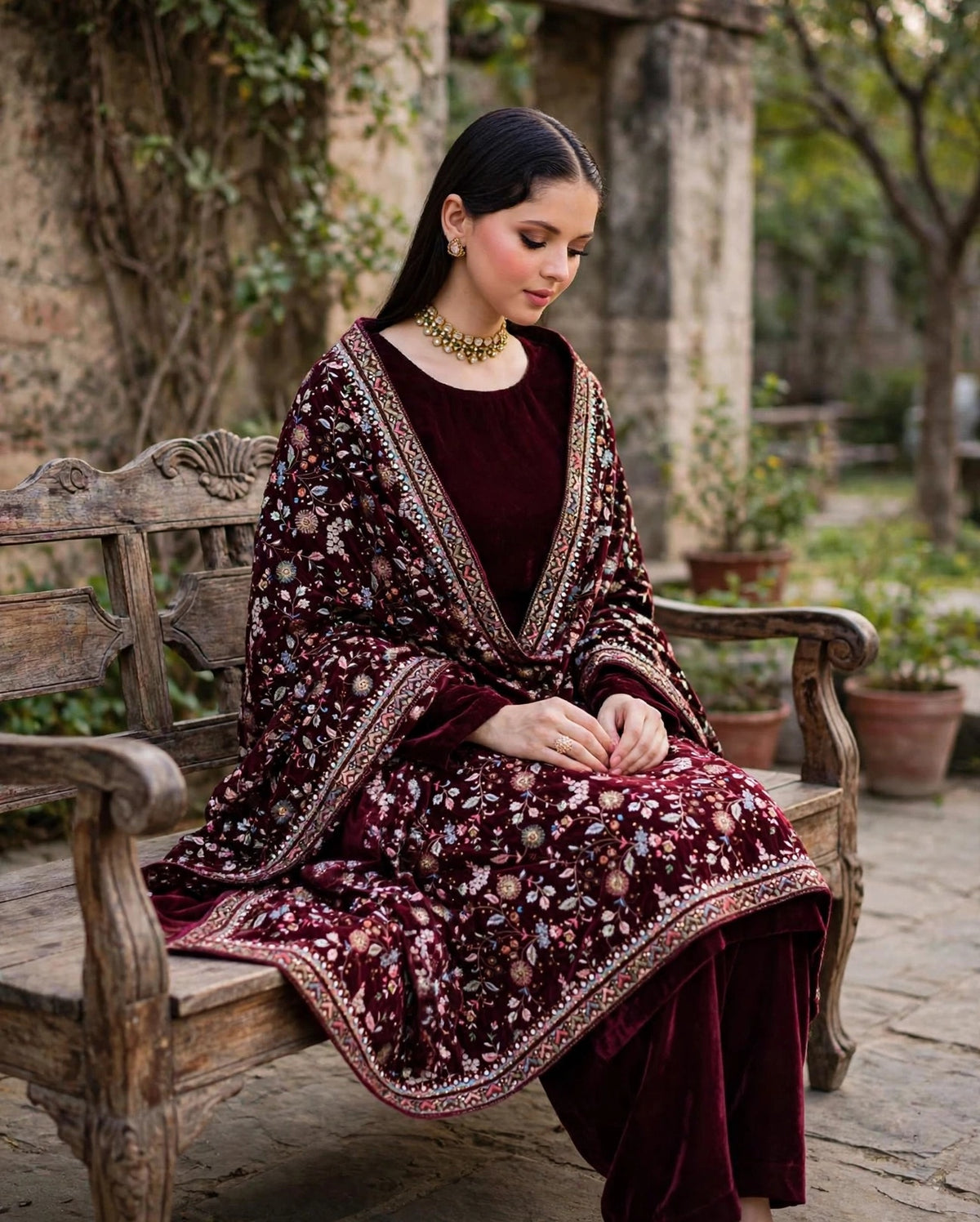 Raat Ki Rani - Burgundy Velvet Kalamkar Shawl Set